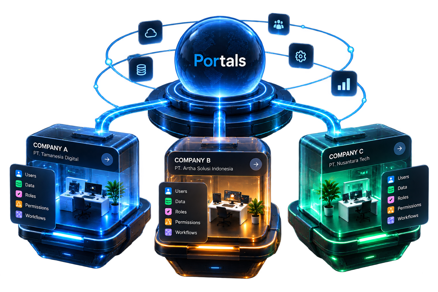 Portals connecting three independent company environments on one platform